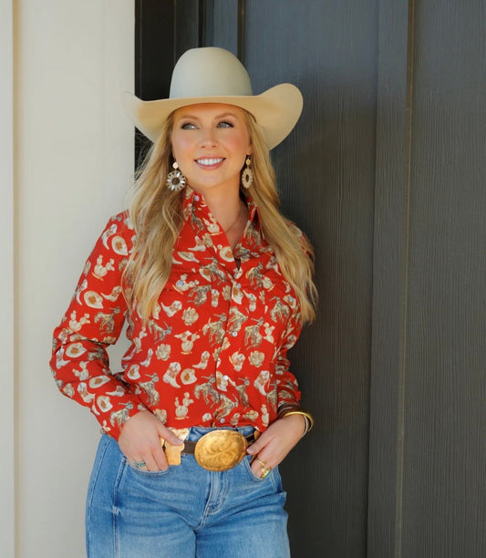 The Red Cactus Pearl Snap Top