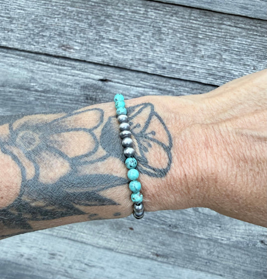 6mm Sterling Pearl and Turquoise Stretch Bracelet