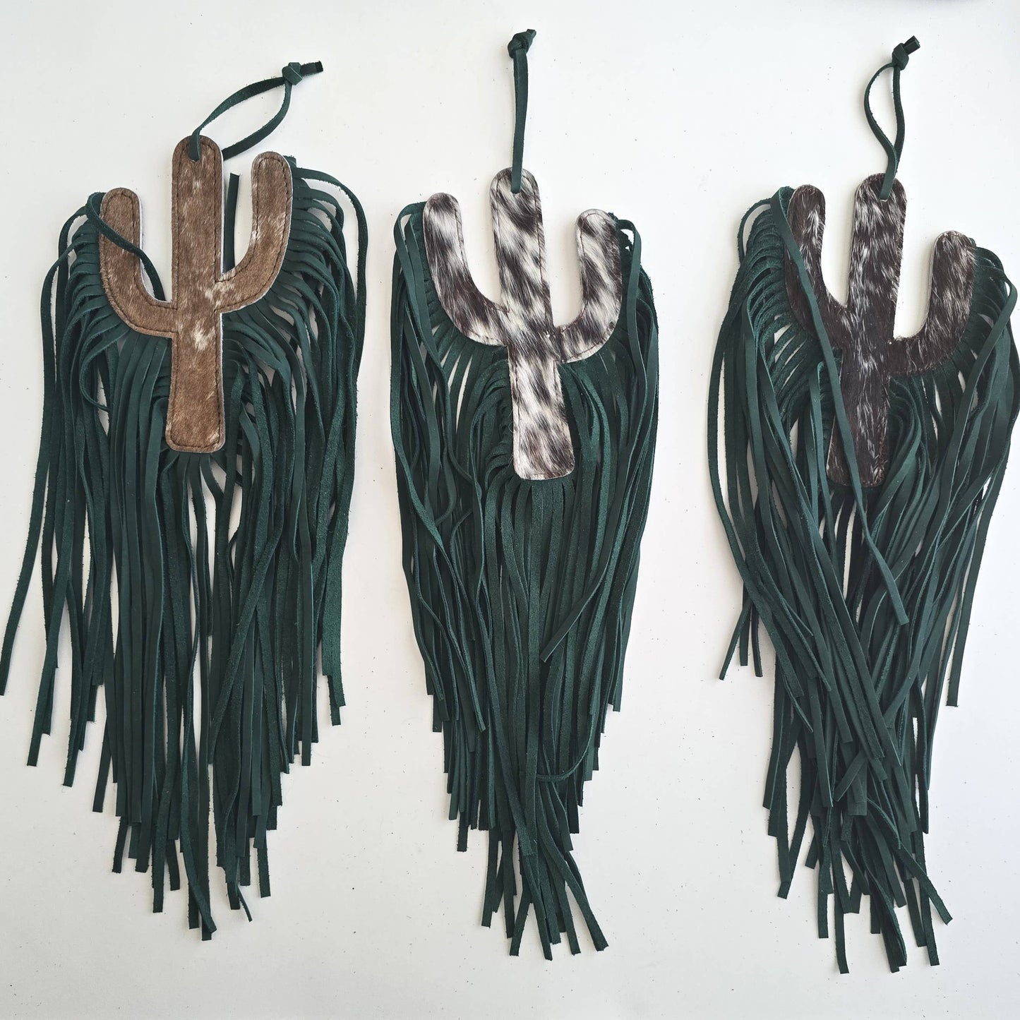 Cowhide Bag Charm - Large Cactus - Leather Fringes, Tassels