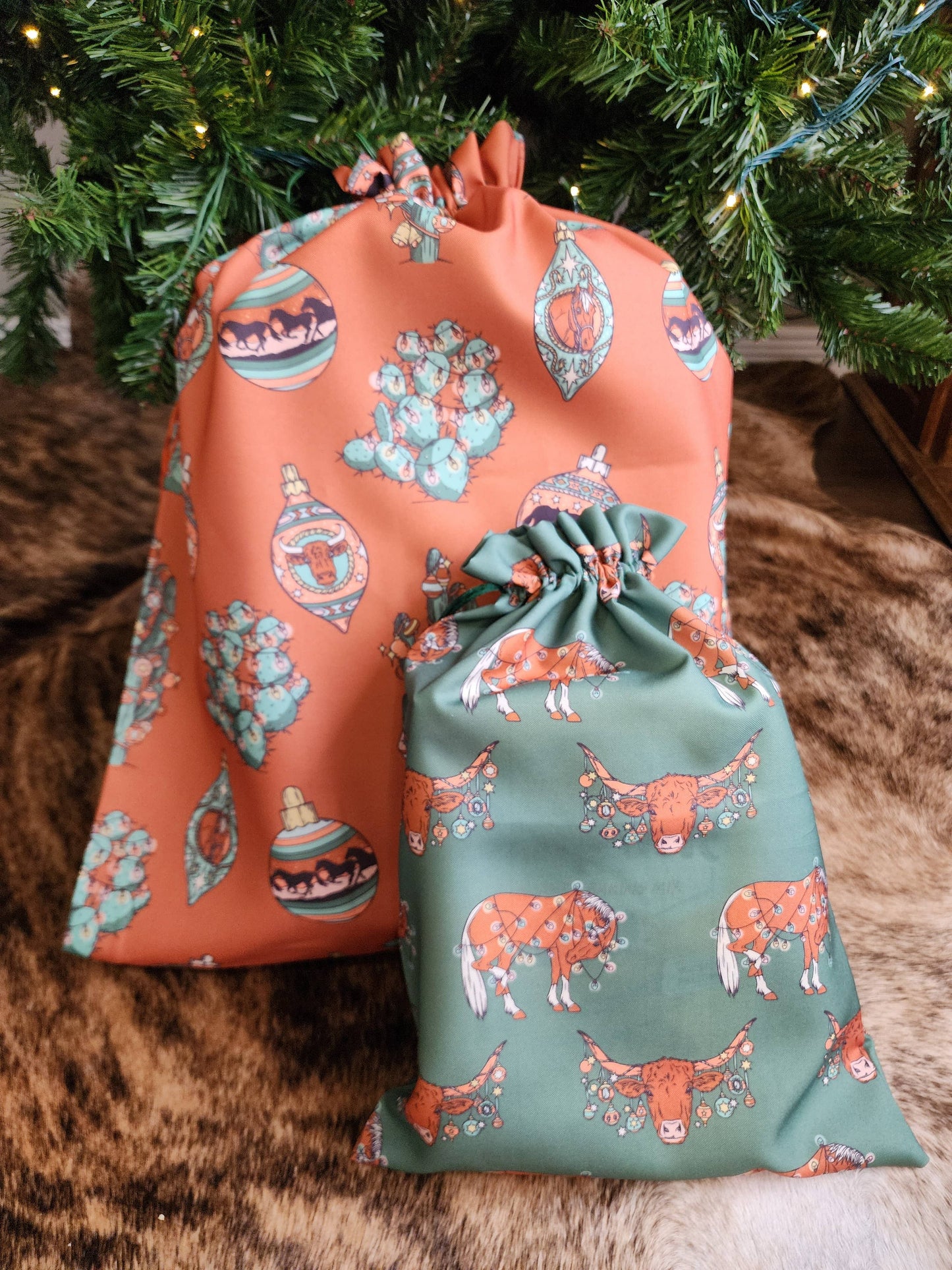 Western Christmas Reusable Gift Bags-Burnt Orange Ornaments