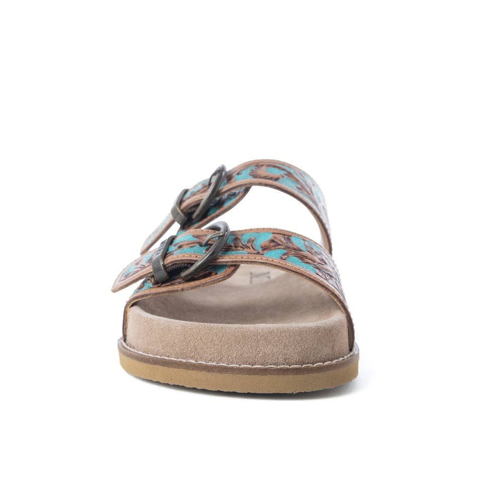 Meadow Sky Handtooled Leather Sandals in Sagewave Blue