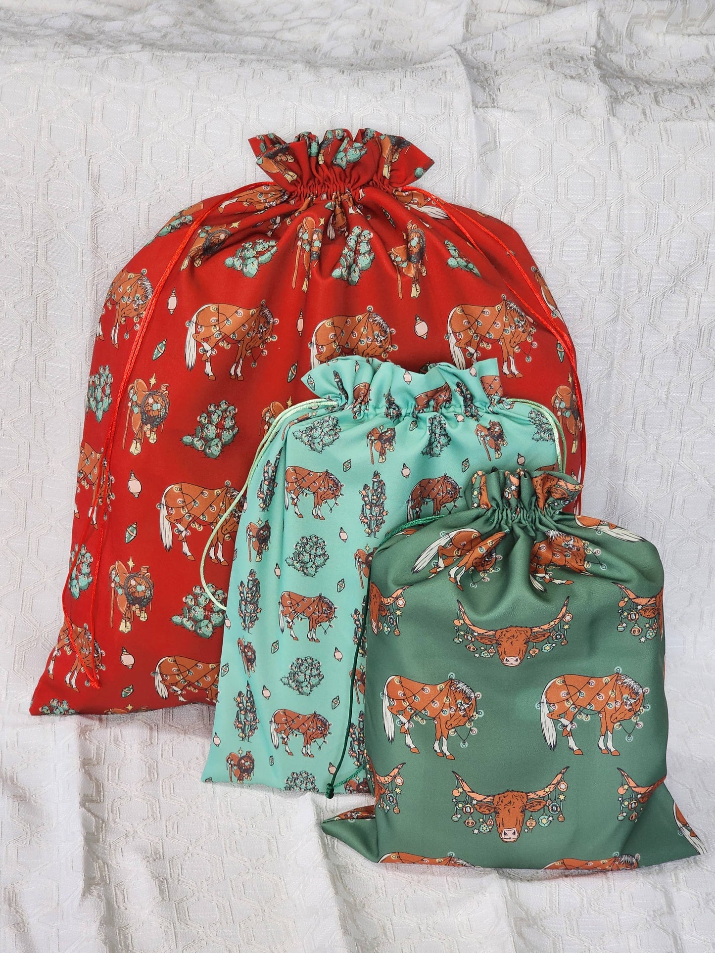 Western Christmas Reusable Gift Bags-Red Ponies Print