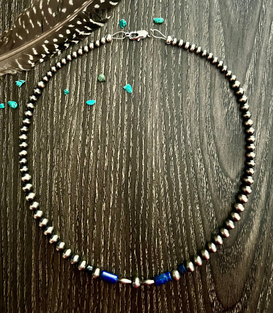 17.5” Graduated Sterling Pearl Necklace with Lapis Beads