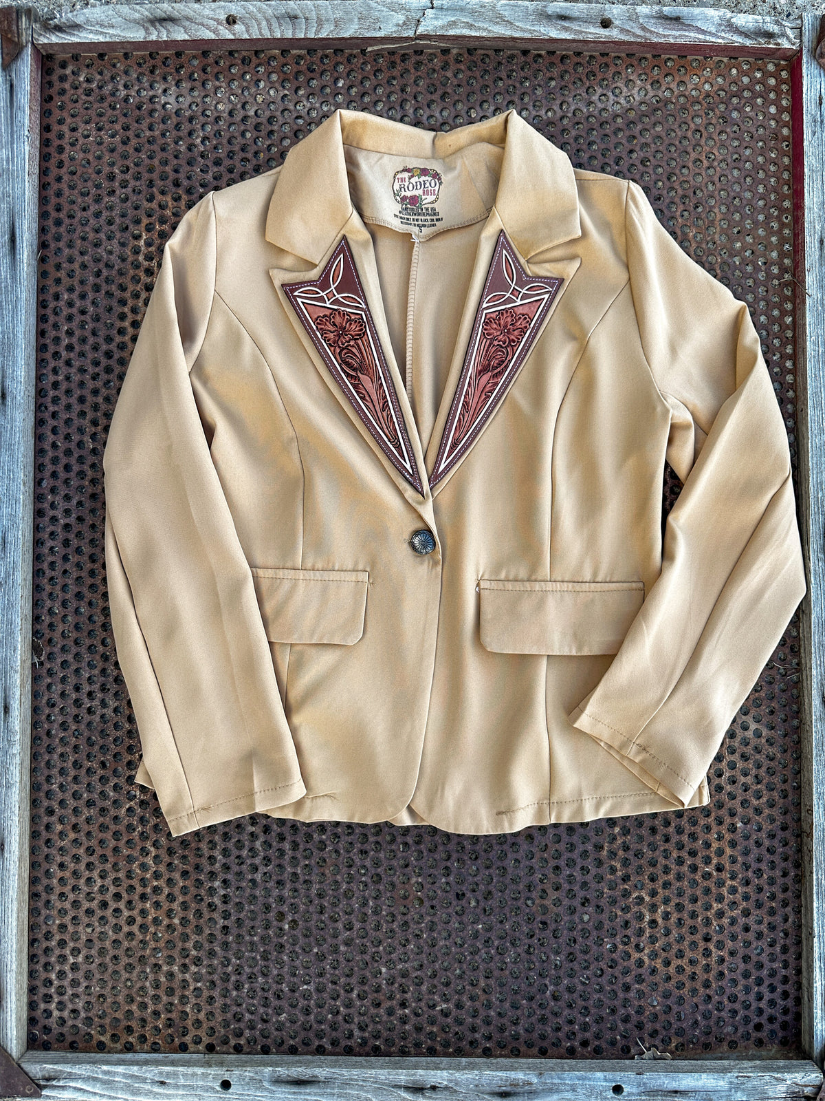 Boot stitch hand tooled lapel blazer in tan