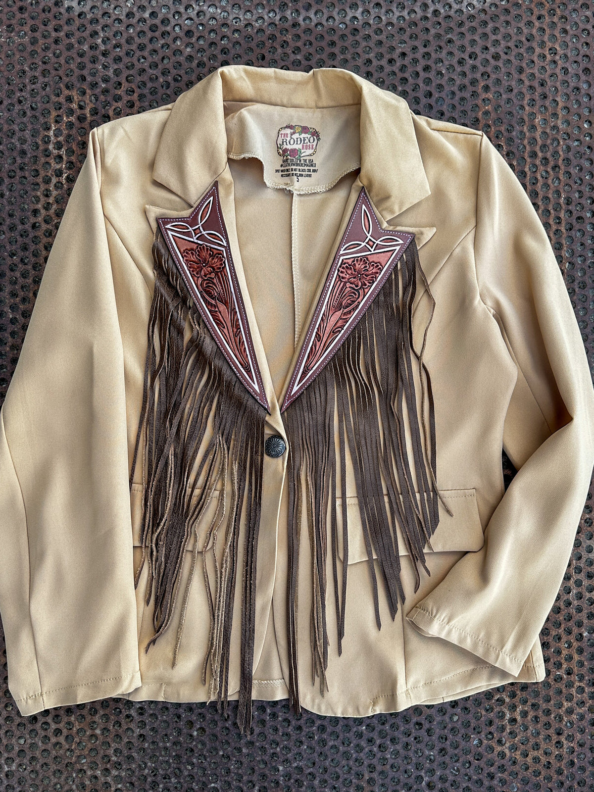 Boot stitch hand tooled lapel blazer with fringe in tan