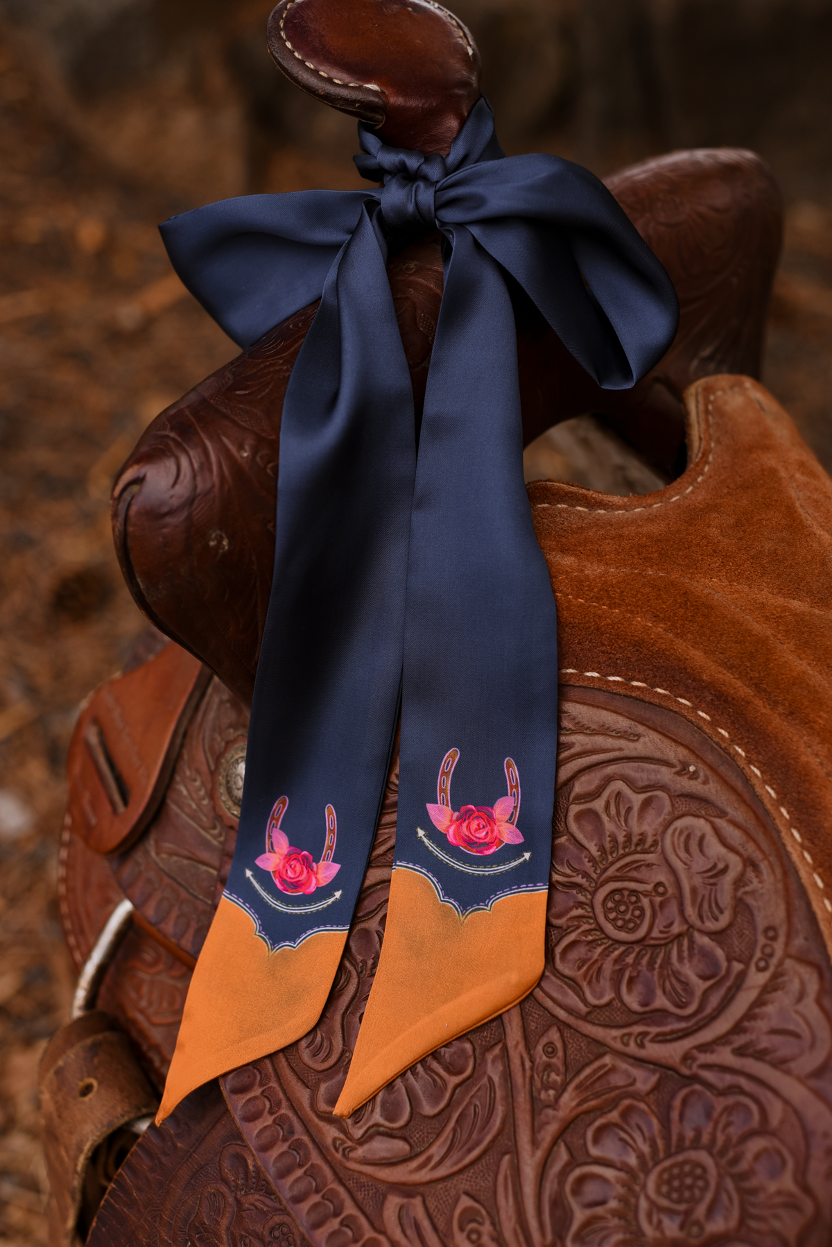 Rodeo Rose Twilly Scarf in Midnight Blue: Floral Western Satin Chiffon Scarf