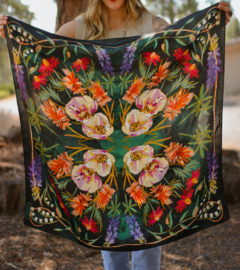 Vivid Wildflowers Large 100% Mulberry Silk 35x35: Western Cowgirl Wild Rag Scarf