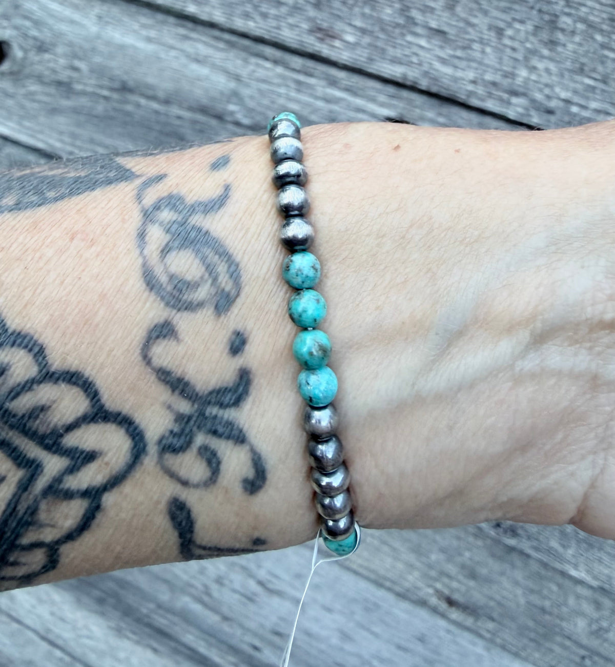 6mm Sterling Pearl and Turquoise Stretch Bracelet
