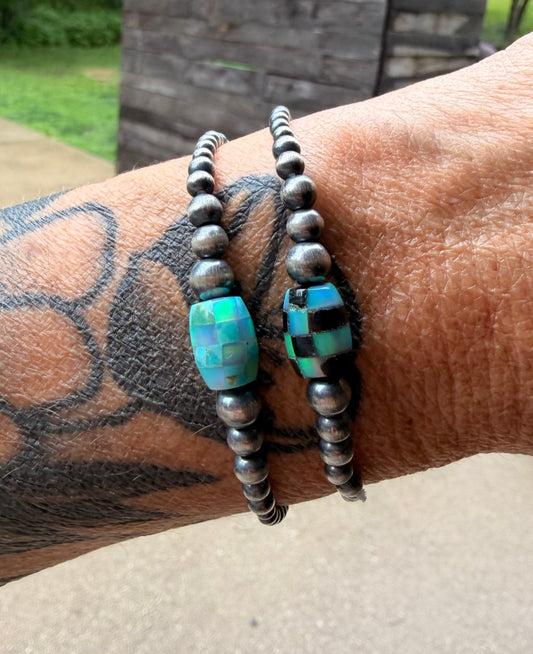 Sterling Pearl and Checkered Bead Stretch Bracelet