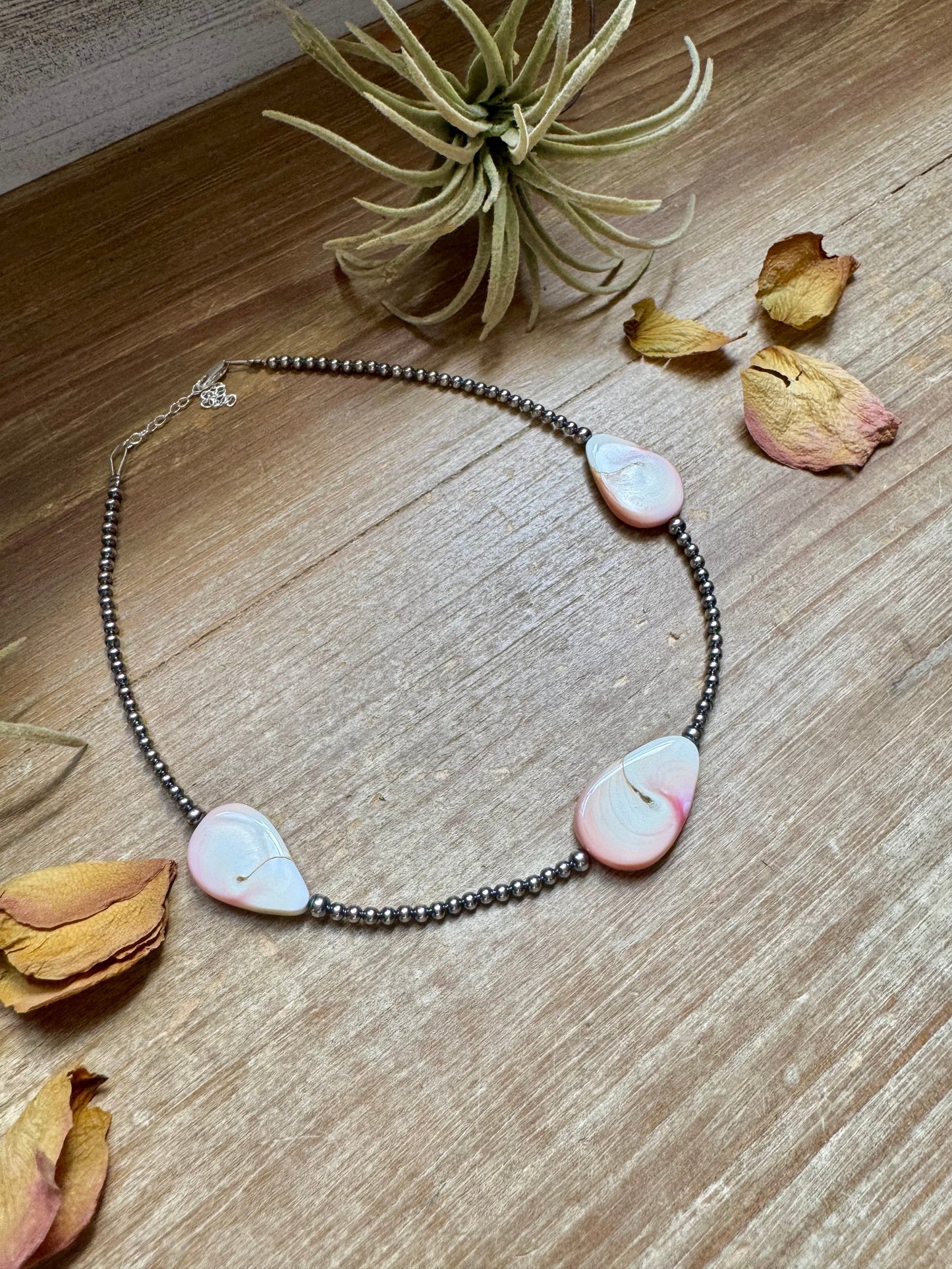 Sterling Silver Choker – 3 Flat Pink Conch Teardrops – 14.5" Approx.