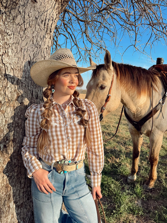 The Tan Gingham Pearl Snap Top-BEST SELLER
