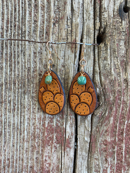 17167 Hand Tooled Prickly Pear Leather Teardrop Earrings