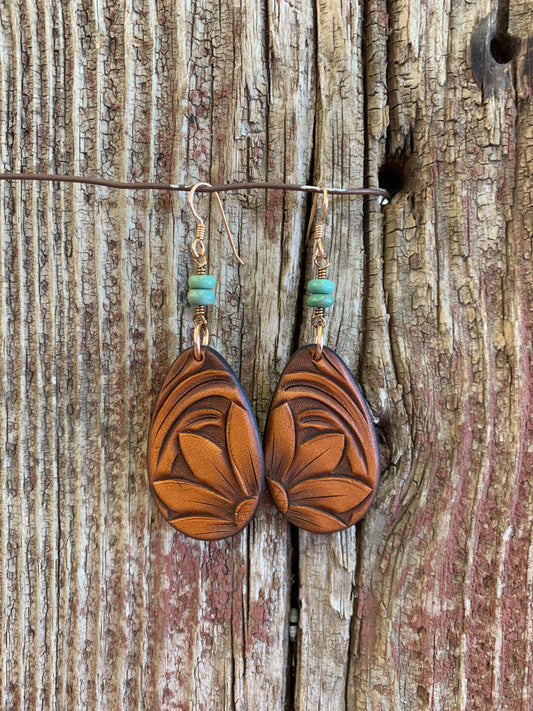 15526 Hand Tooled Teardrop with Turquoise Earring
