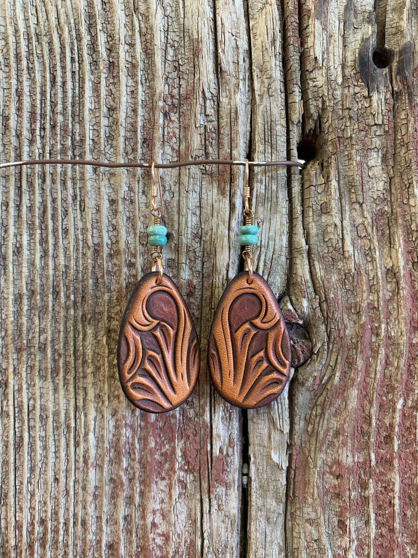 15526 Hand Tooled Teardrop with Turquoise Earring