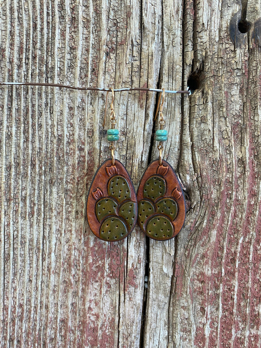 17166 Hand Tooled and Painted Prickly Pearl Teardrop Earrings