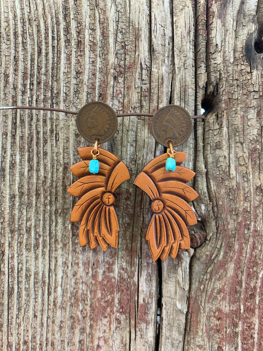 16280 Indian Penny Stud w/Lthr Headdress Earring