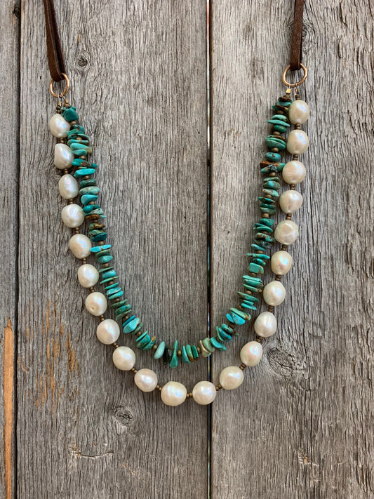 16736 2std Kingman Turq, Pearls, & Leather Back