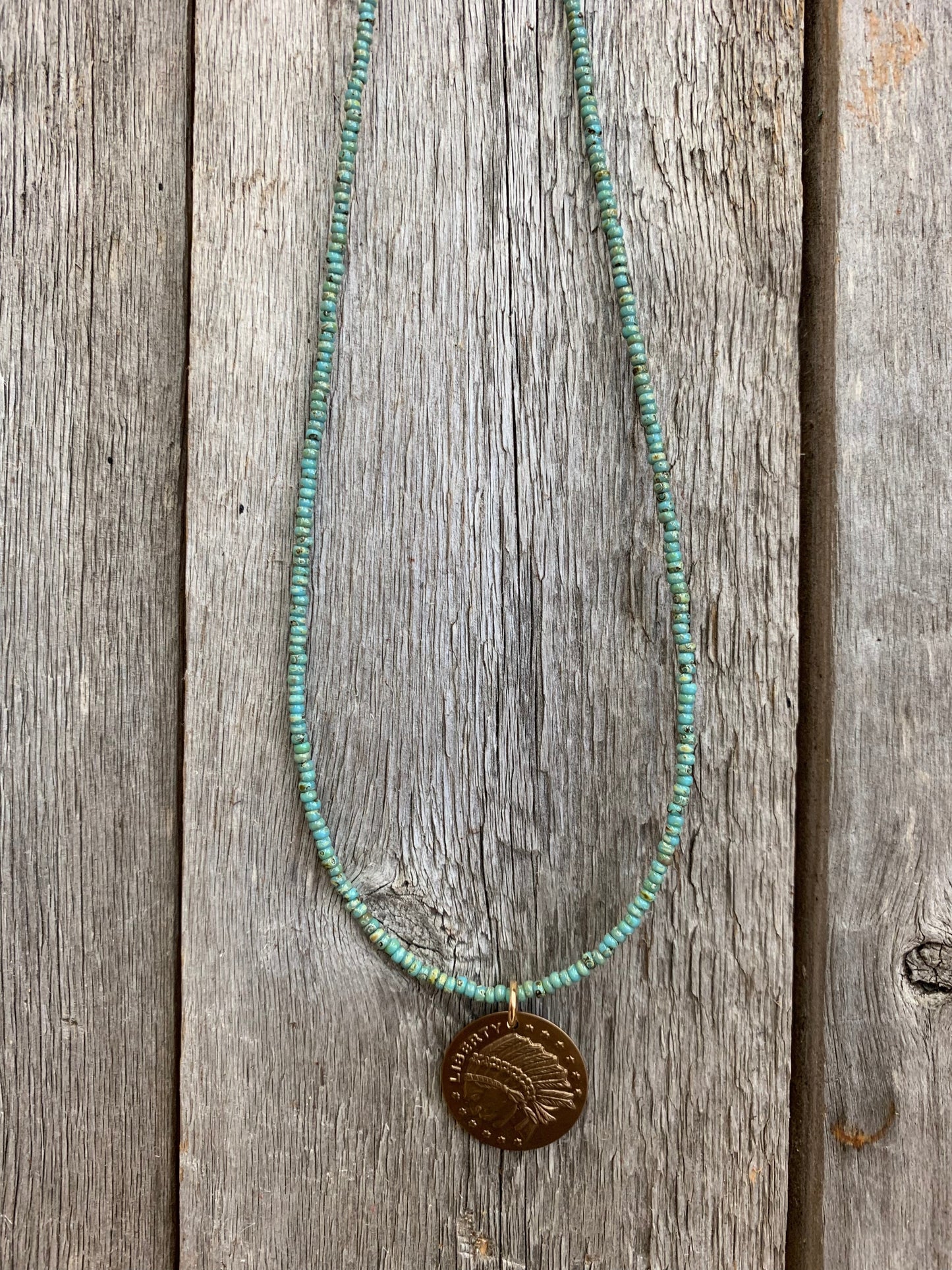 16761 Turquoise Seed Bead w/Brz Indian Coin