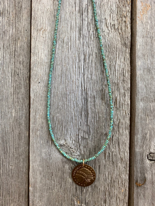 16761 Turquoise Seed Bead w/Brz Indian Coin