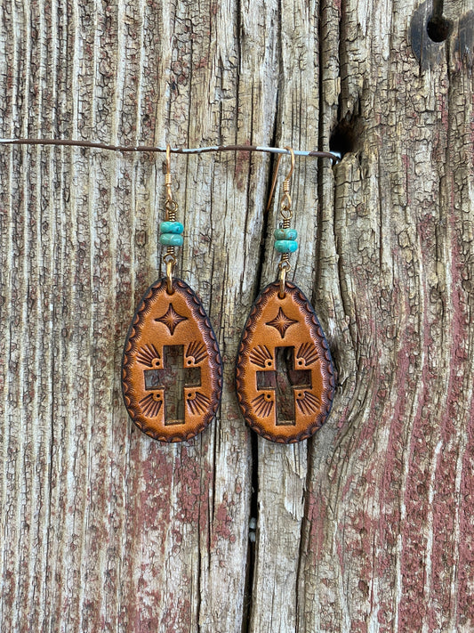 17163 Cut Out Cross Leather Teardrop Earring