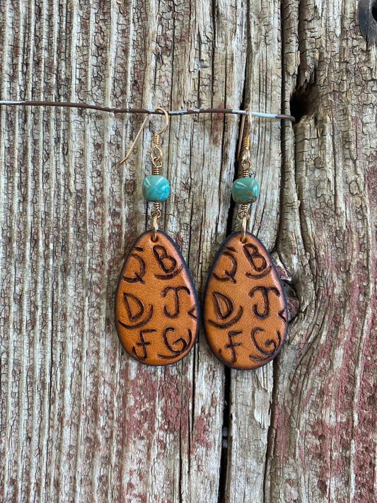 17148 Branded Brand Leather Teardrop & Kingman Turquoise Earrings