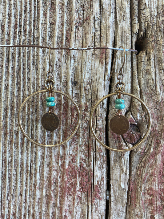 17126 Bronze Hoop w/Kingman Turquoise & Small Brz Indian Coin Charm Earring