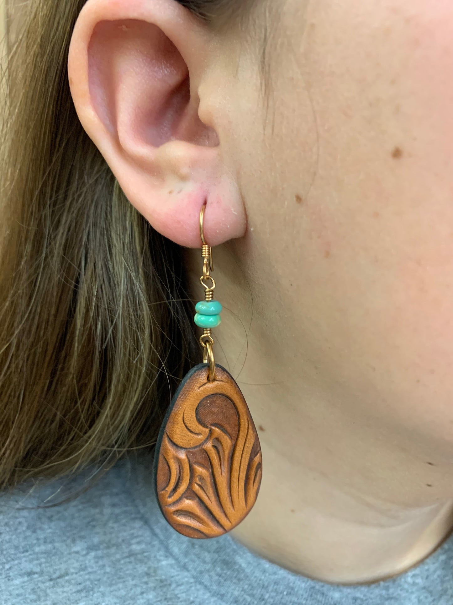 15526 Hand Tooled Teardrop with Turquoise Earring