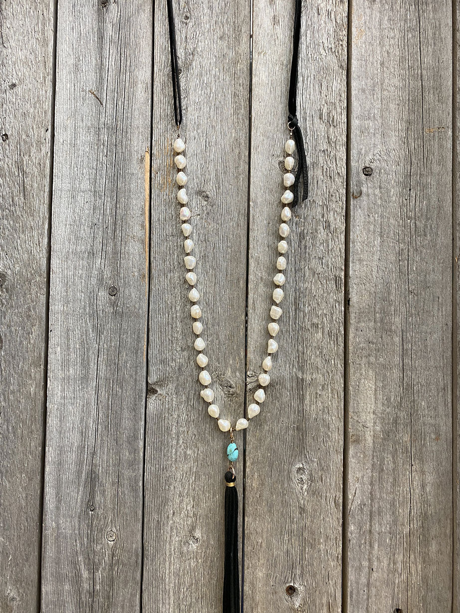 13822 Freshwater Pearl, Turquoise, & Leather Tassel