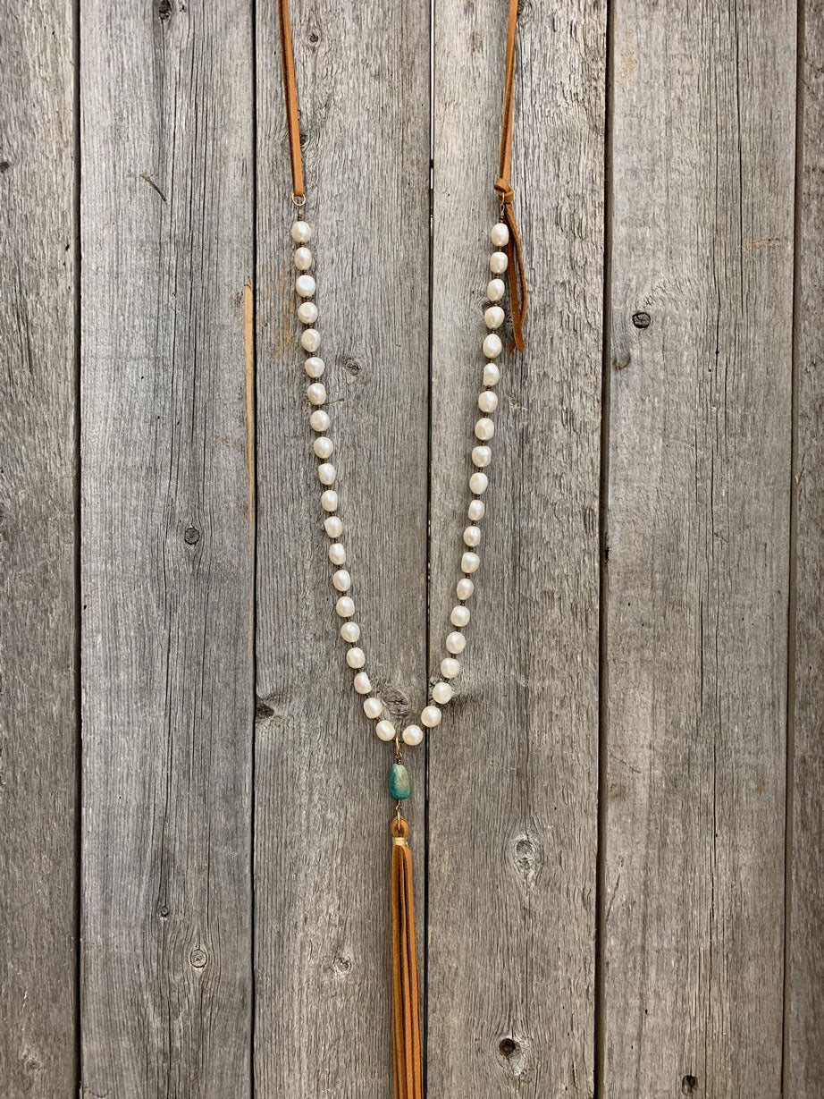 13822 Freshwater Pearl, Turquoise, & Leather Tassel