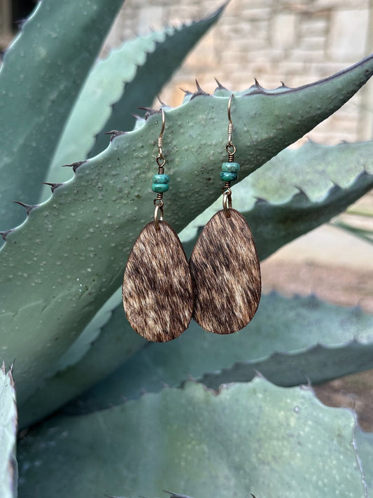 16111 Cowhide Teardrop & Turq Earring