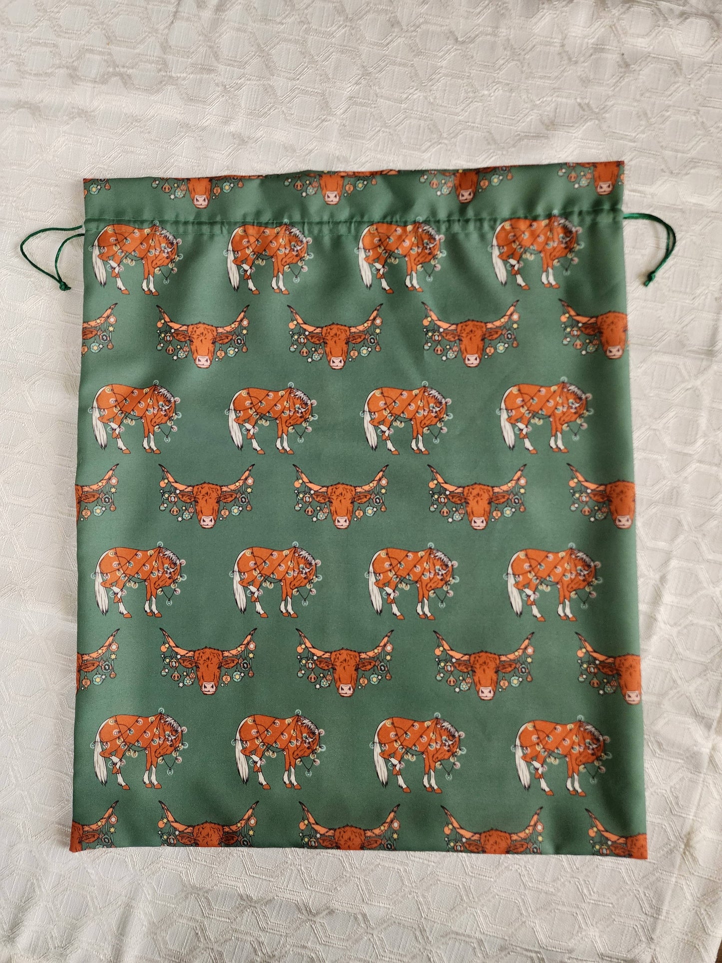 Western Christmas Reusable Gift Bag-Green Longhorns/Ponies