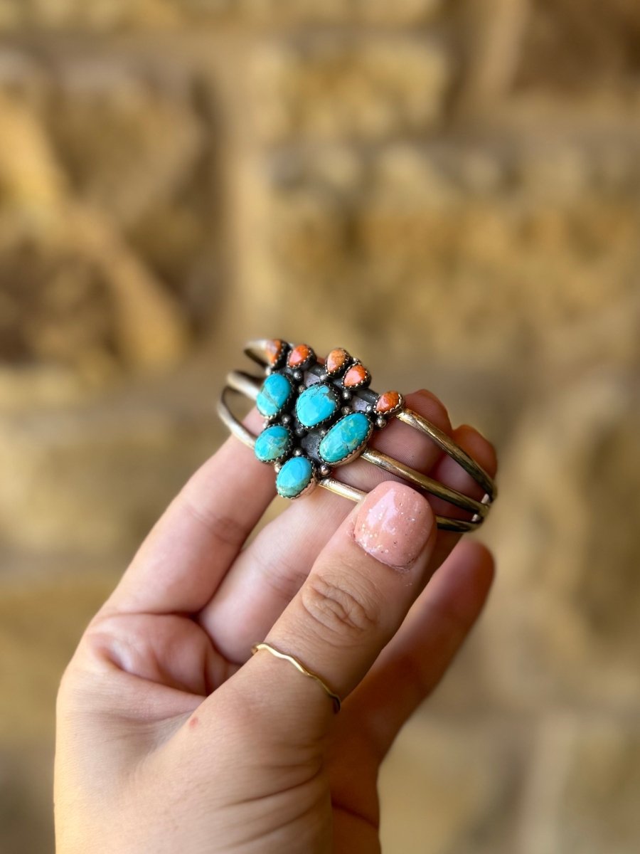 Alvord Turquoise + Apple Coral Cactus Cuff Bracelet