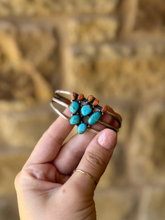 Alvord Turquoise + Apple Coral Cactus Cuff Bracelet