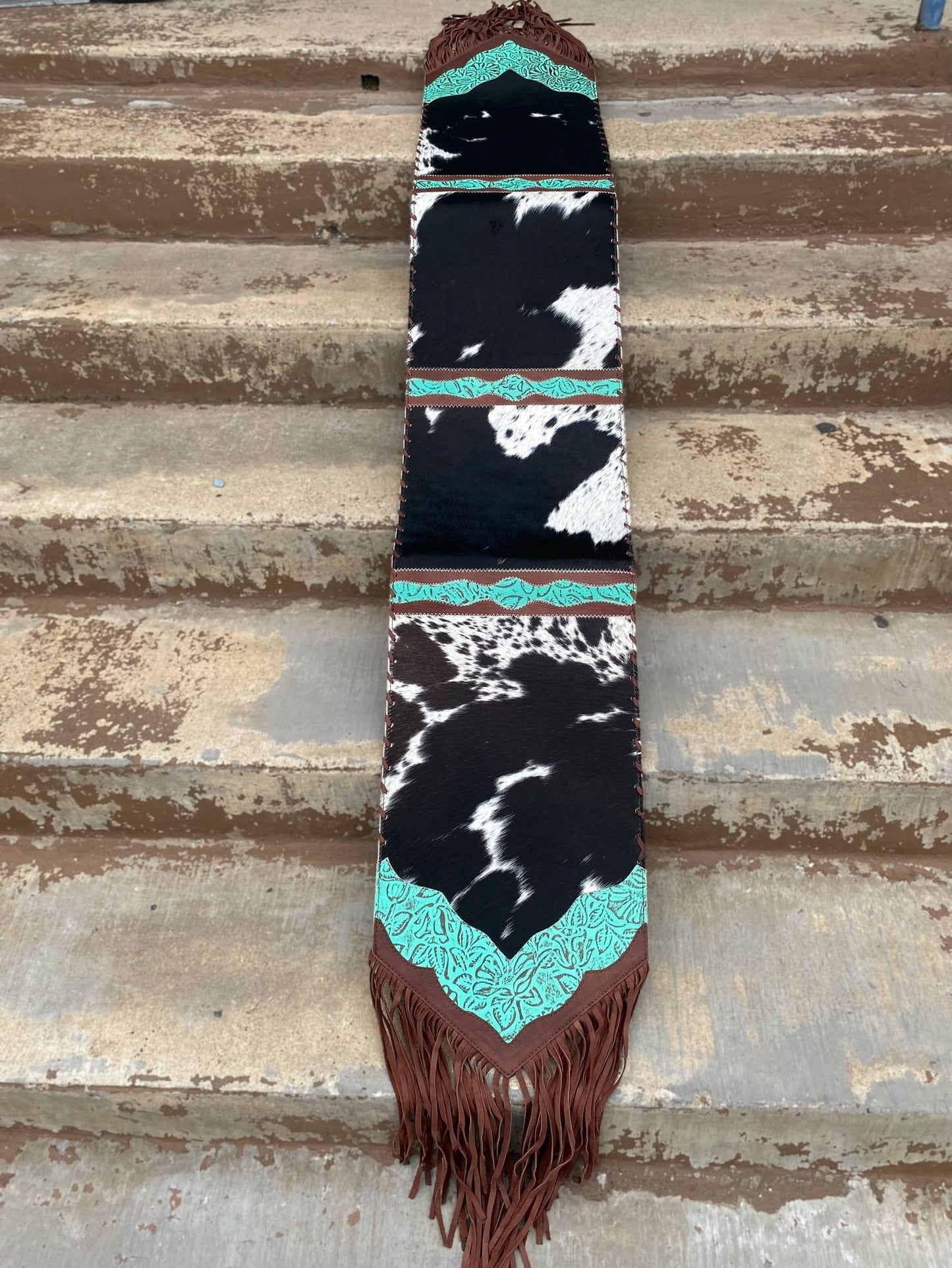 6ft Turquoise Cowhide Fringe Table Runner