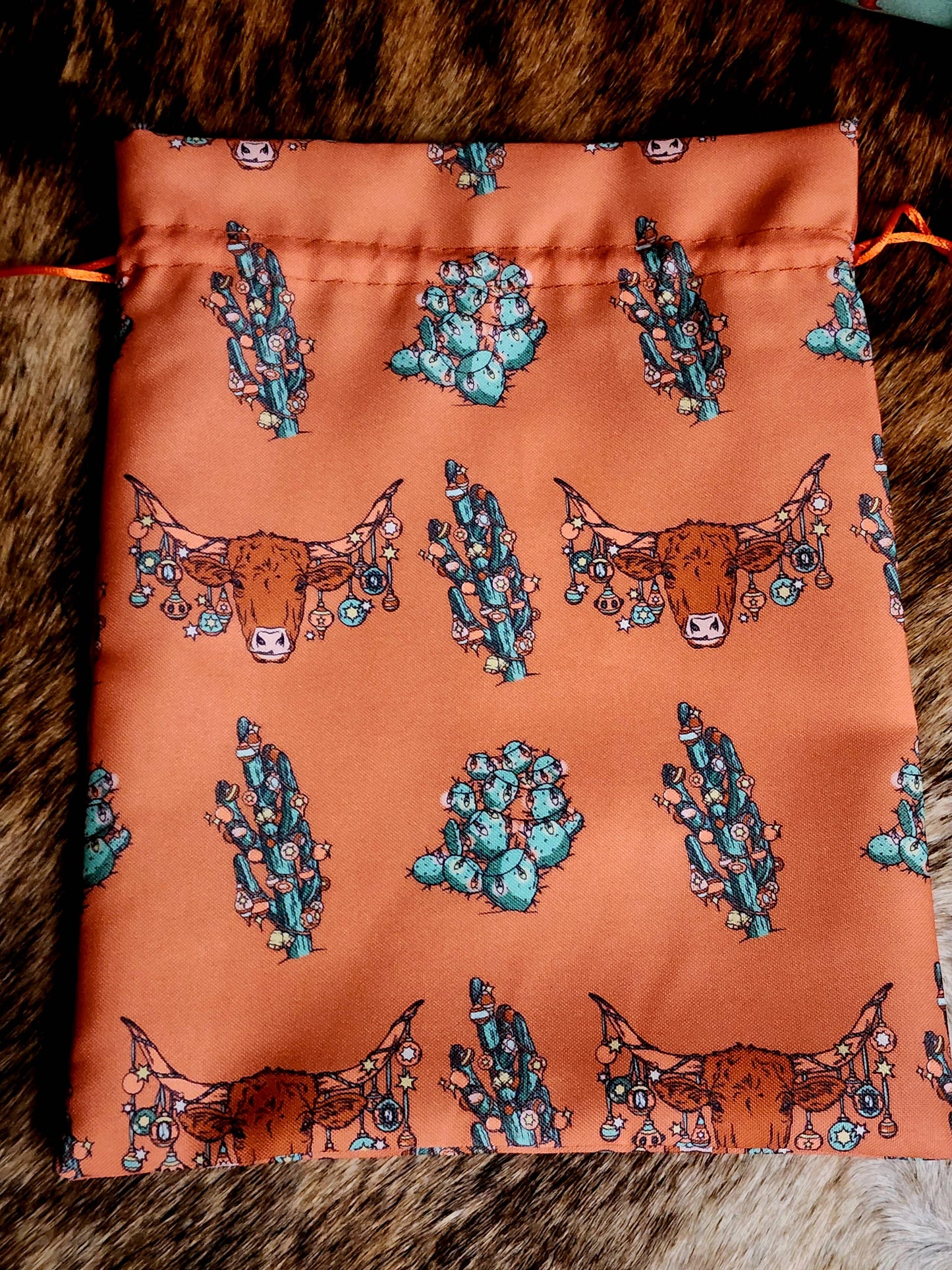 Western Christmas Reusable Gift Bags-Orange Longhorns Print