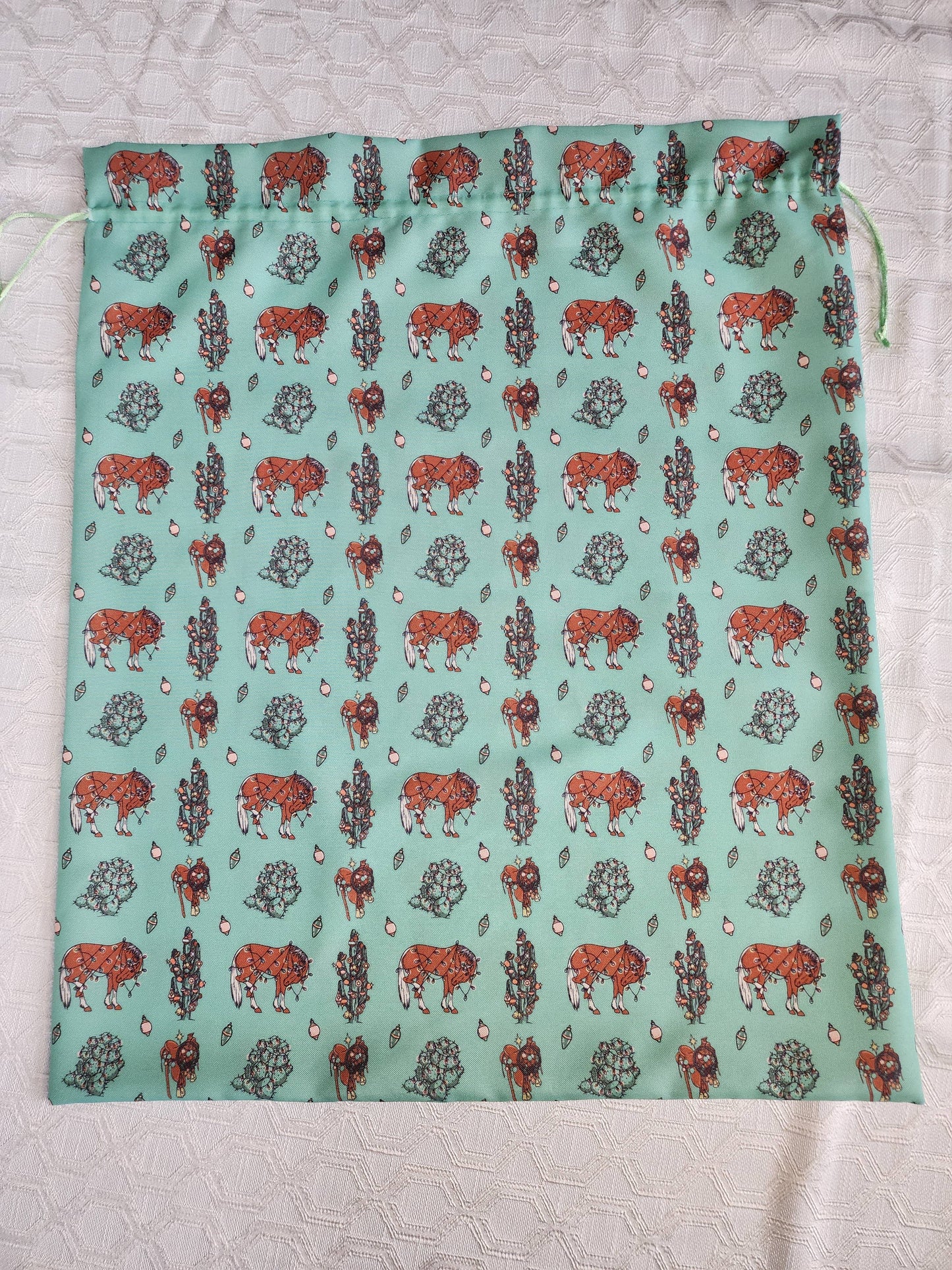 Western Christmas Reusable Gift Bags- Turquoise Ponies Print