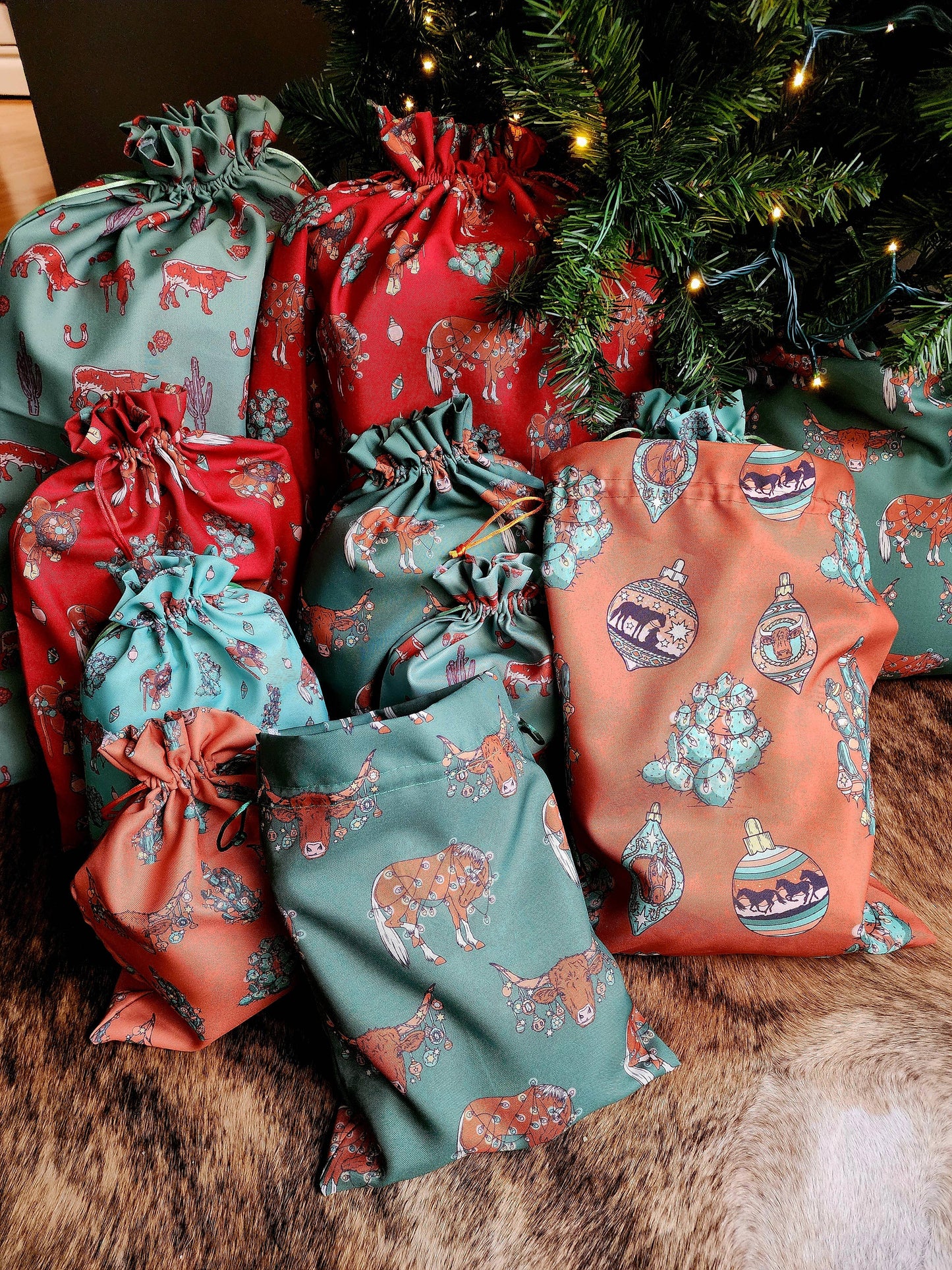 Western Christmas Reusable Gift Bags-Burnt Orange Ornaments
