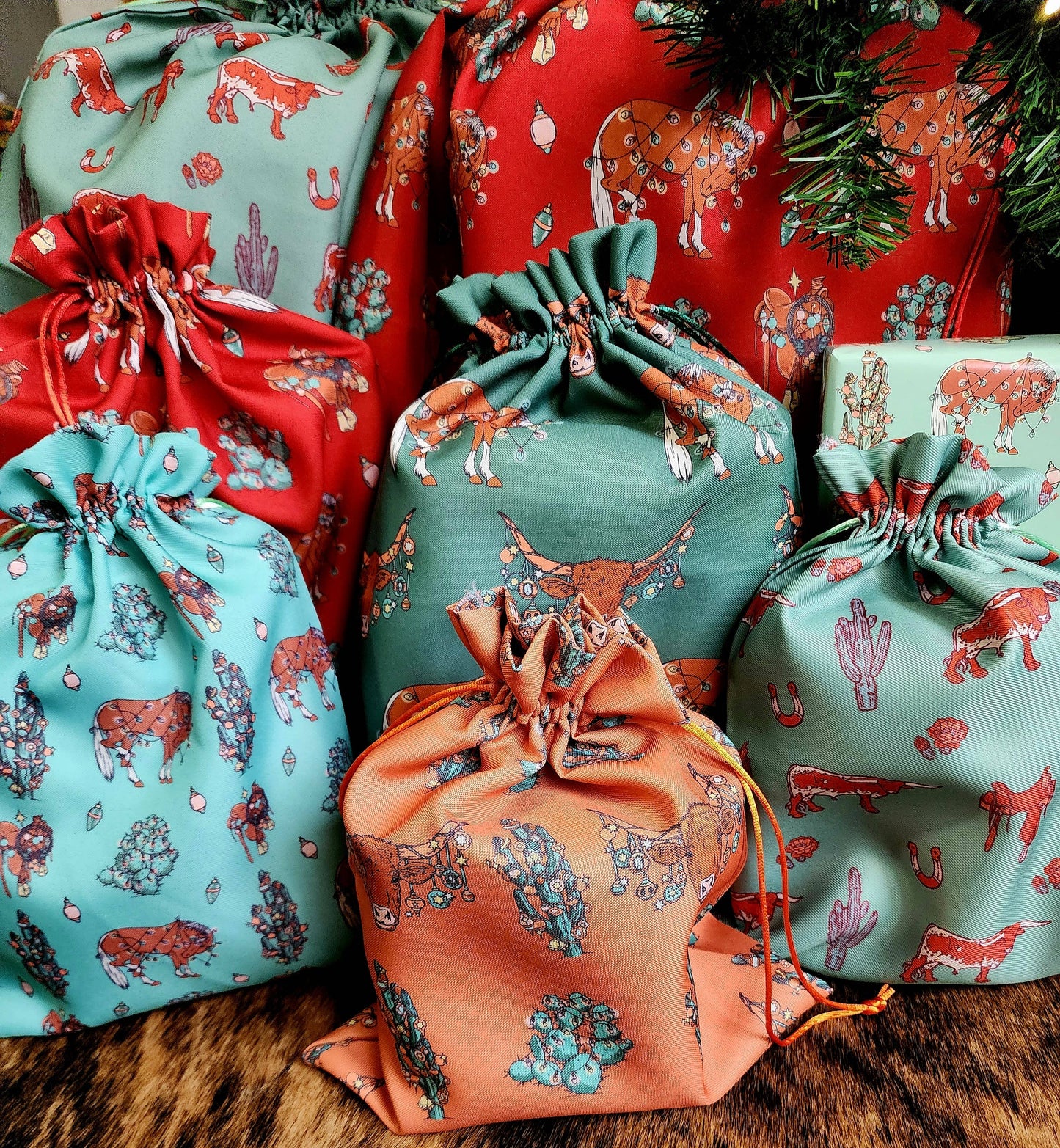 Western Christmas Reusable Gift Bags- Turquoise Ponies Print
