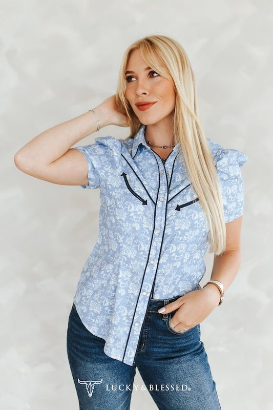 Blue Western Printed Puff Sleeve Pearl Snap Button Down Shirt