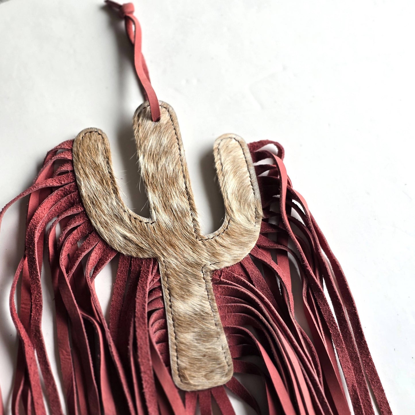Cowhide Bag Charm - Large Cactus - Leather Fringes, Tassels