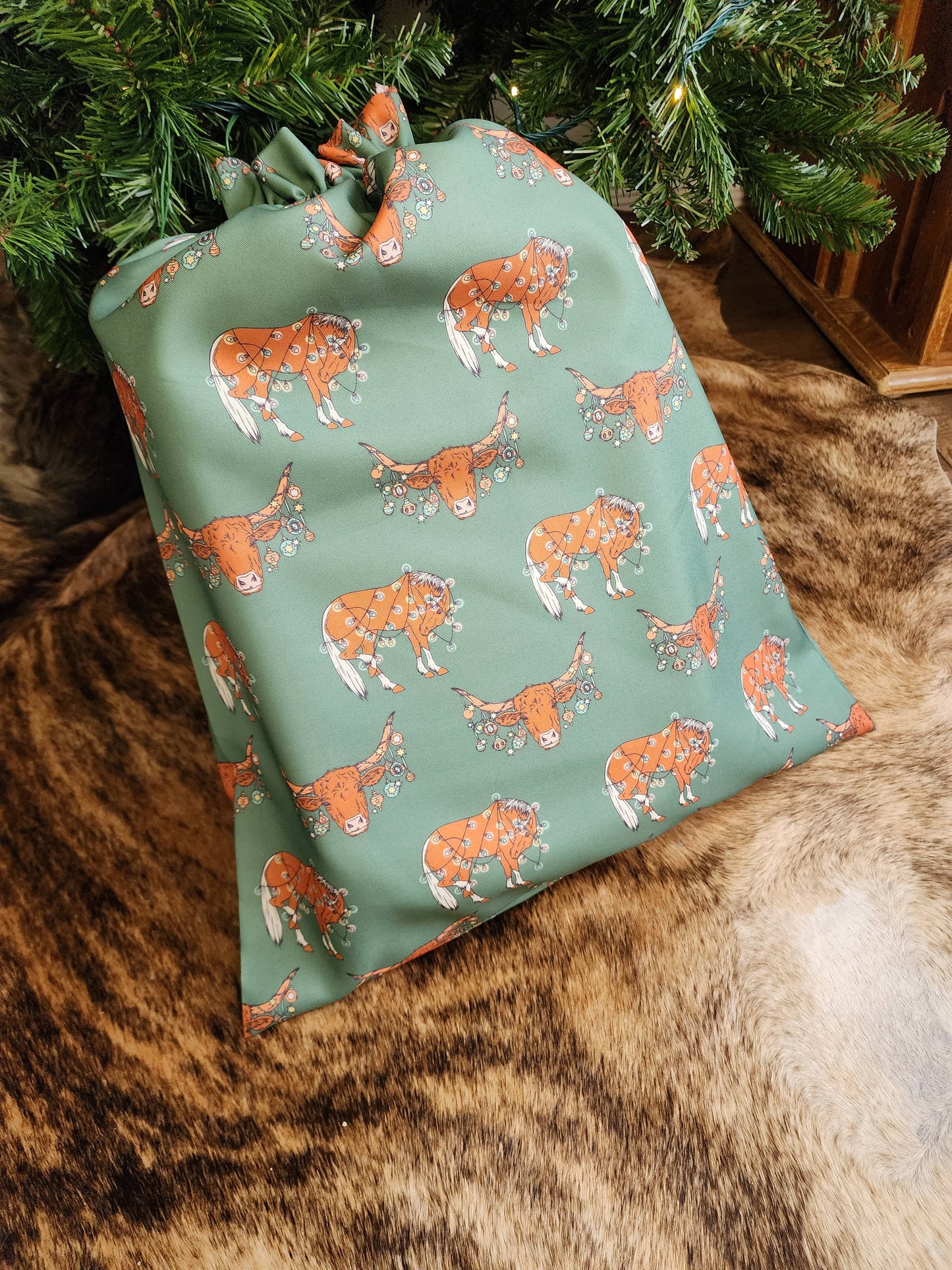 Western Christmas Reusable Gift Bag-Green Longhorns/Ponies