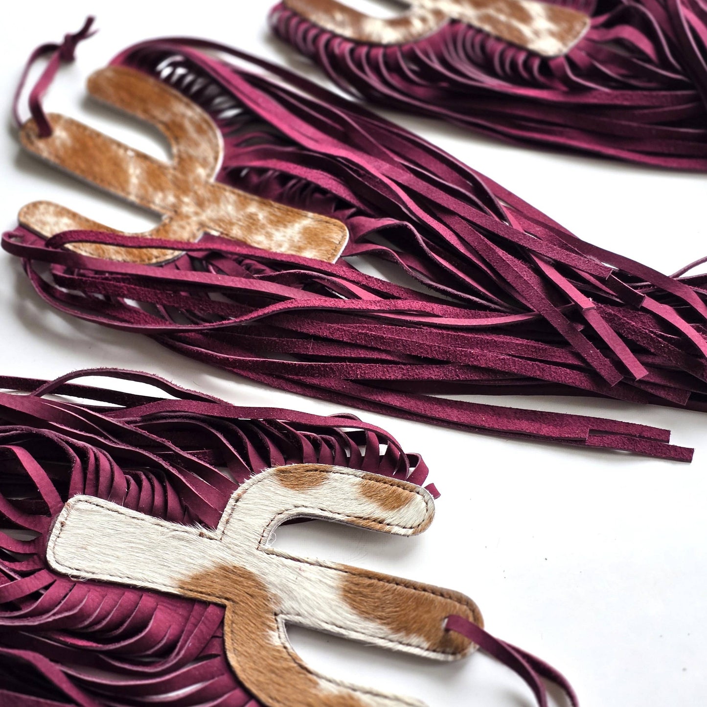 Cowhide Bag Charm - Large Cactus - Leather Fringes, Tassels