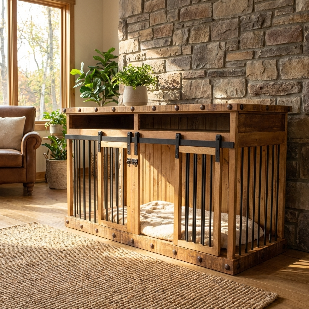 Oasis Large Dog Rustic Wood Kennel in Medium Wax