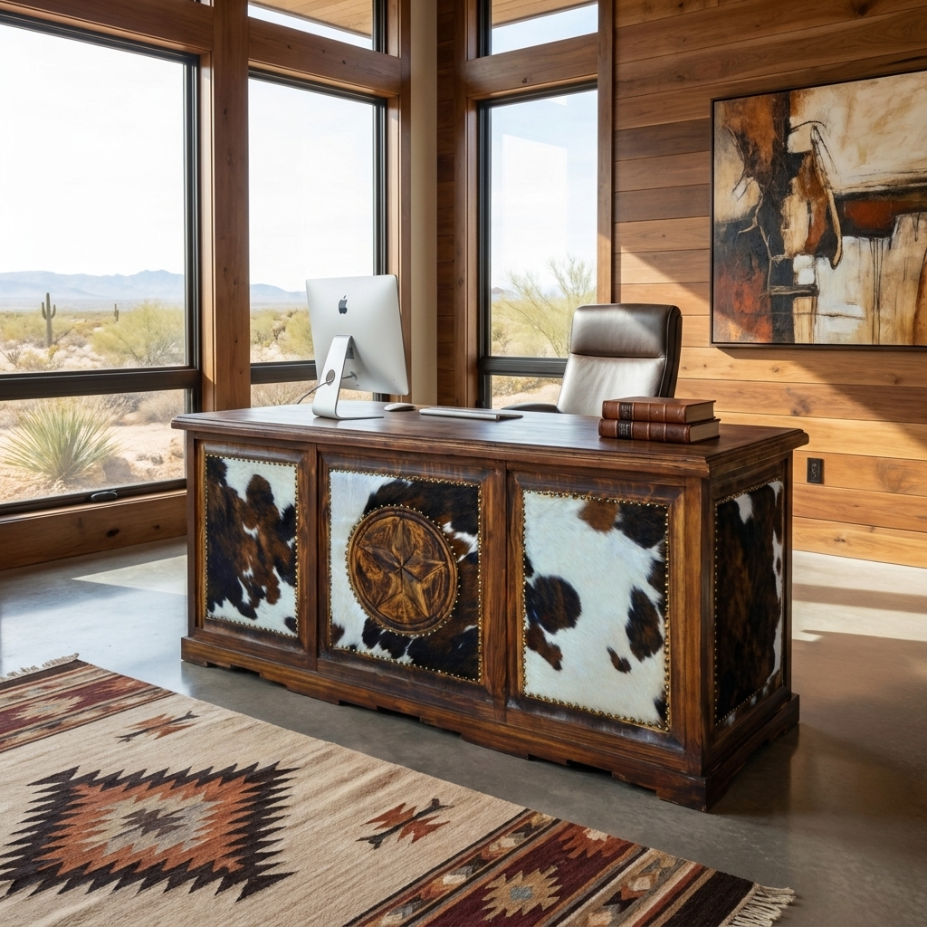 Taos Executive Western Desk with Cowhide and Carved Star in Dark Wax