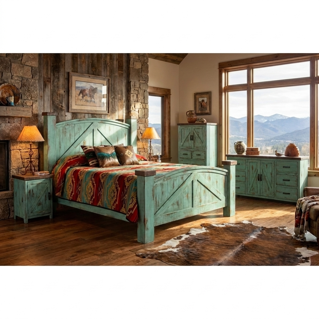 Rustic Barn Bedroom Set in Oldie Turquoise 5Pcs