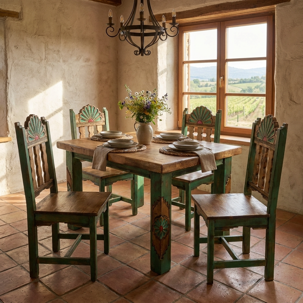 Rosetta 4' Dining Table and 4 Rosetta Chairs in Green