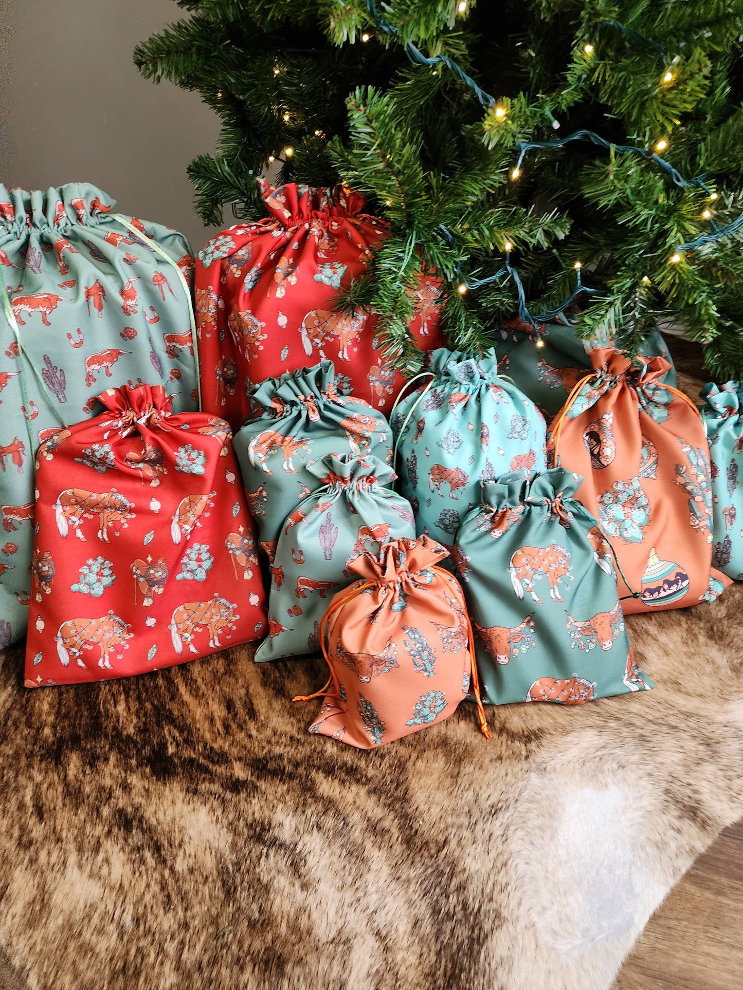 Western Christmas Reusable Gift Bags- Turquoise Ponies Print