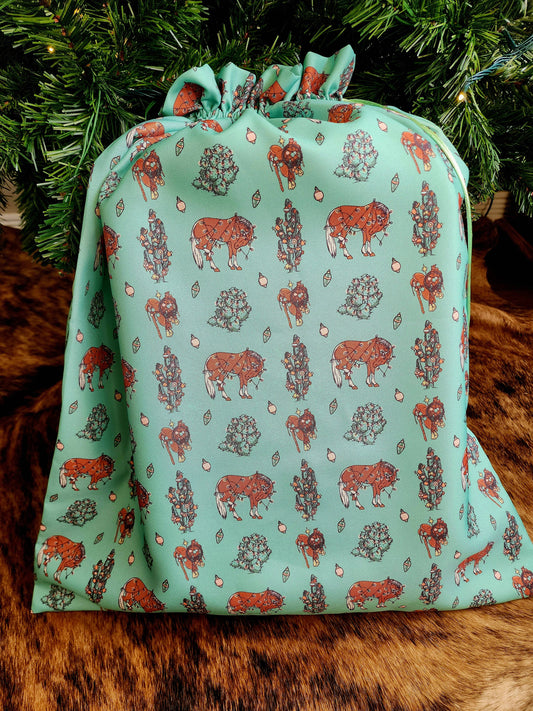 Western Christmas Reusable Gift Bags- Turquoise Ponies Print