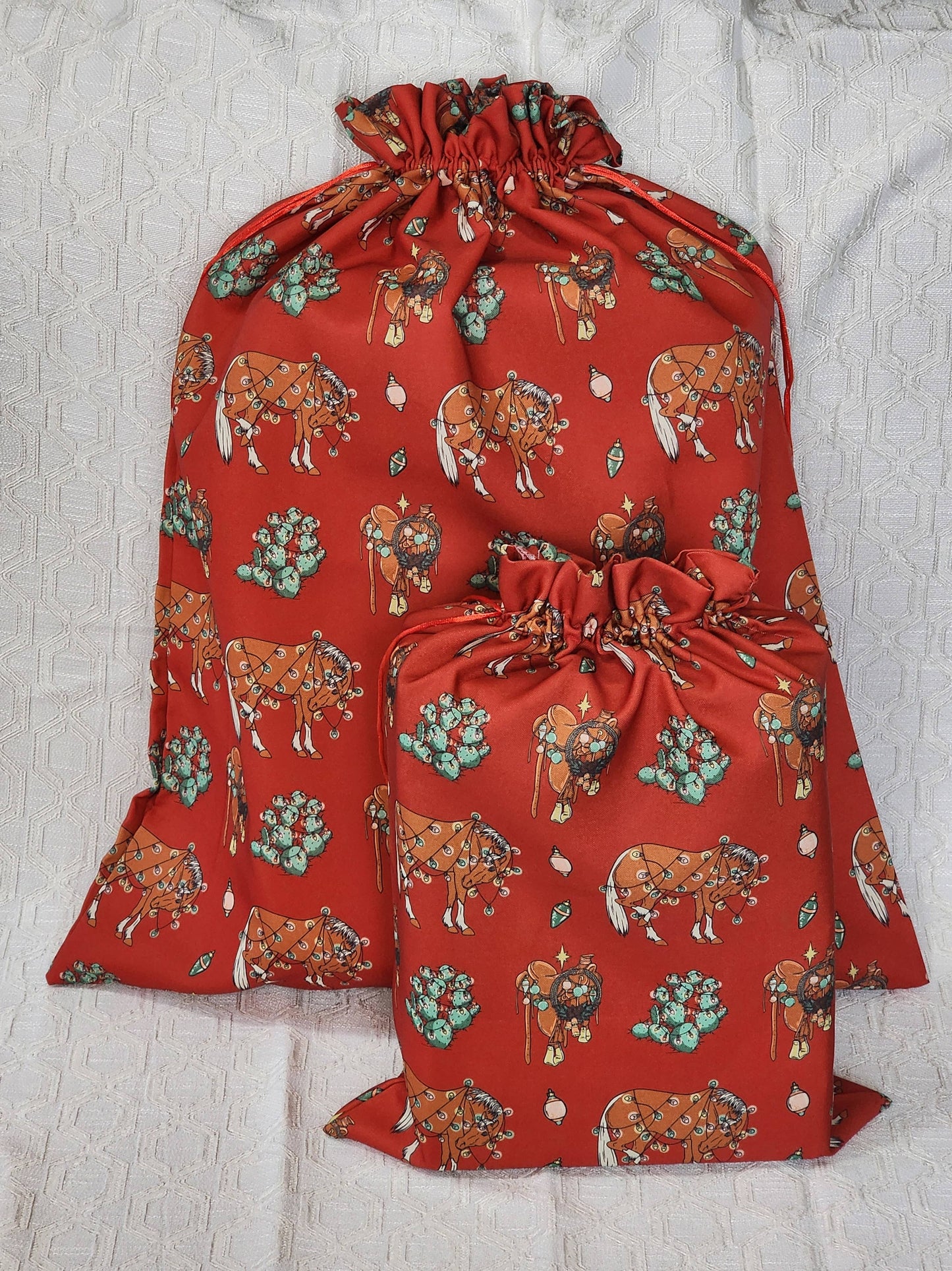 Western Christmas Reusable Gift Bags-Red Ponies Print