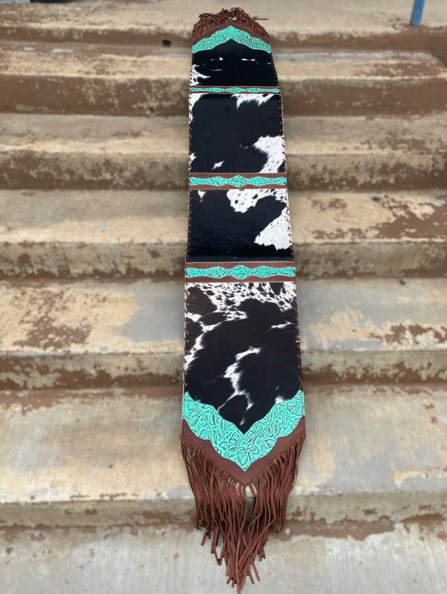 6ft Turquoise Cowhide Fringe Table Runner